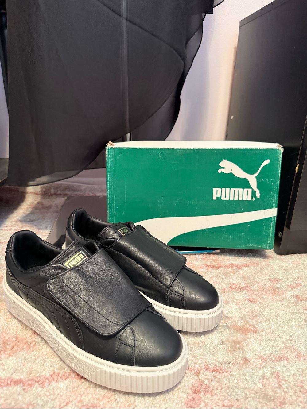 Puma Black Leather Slip-On Sneakers with White Platform Sole